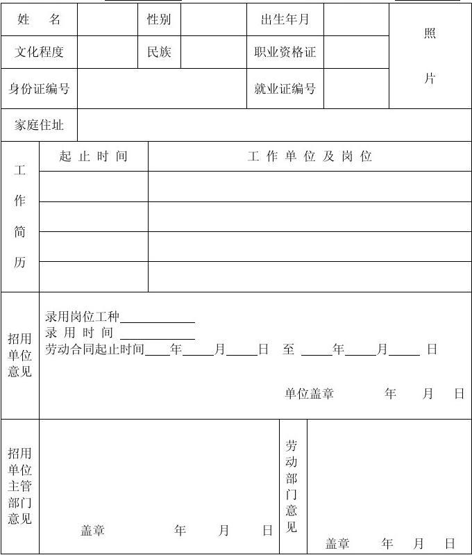 珠海市用人单位备案登记表模板