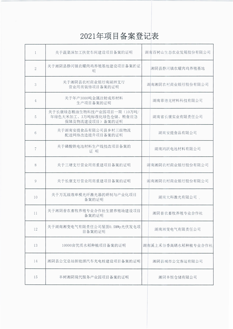 2019年企业投资项目备案清单