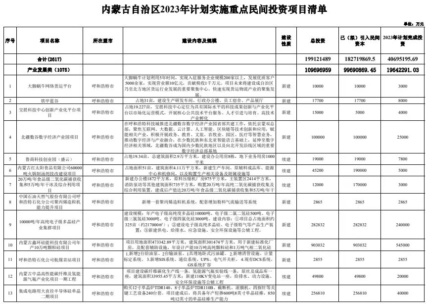 2019年企业投资项目备案清单